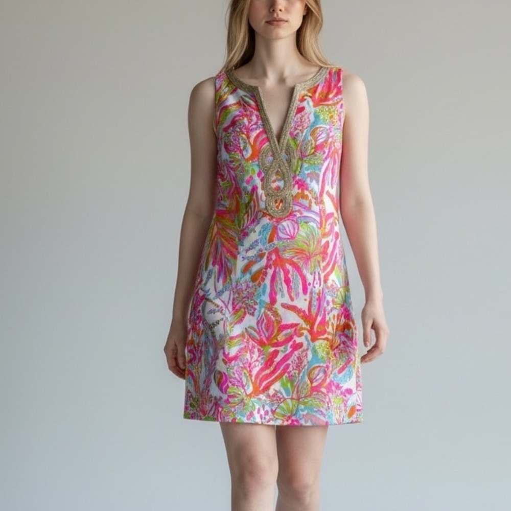 Lilly Pulitzer Mila Shift Dress Womens 10 Multi Color Floral Coral Gold Trim‎